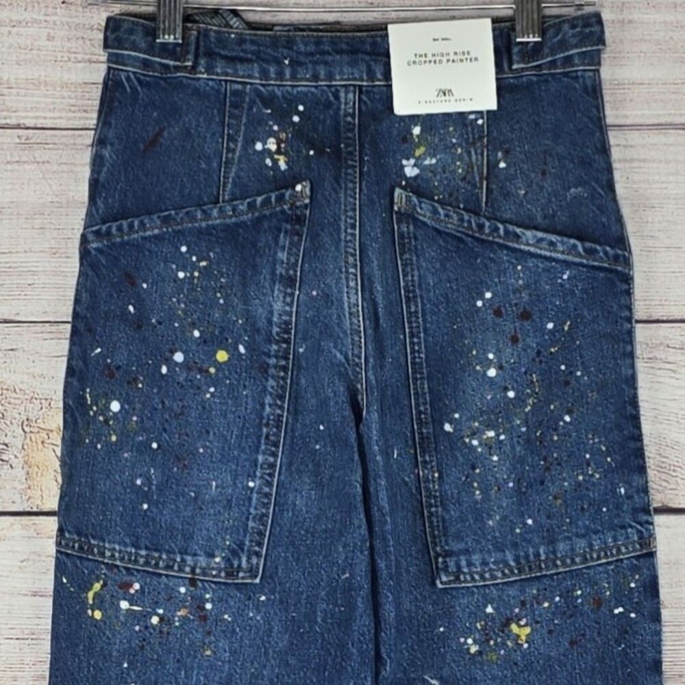 Zara Paint Splatter High Rise Cropped Painter Wide Leg Jeans Size 0 NWT - Picture 7 of 10